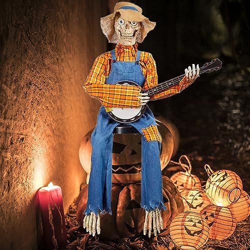 YumSur Halloween Animierte Banjo-Skelette Mit Aktivierter, Halloween-Glühender Schädel Gitarren Harz Ornament, Halloween Herbst Innendekor Halloween Deko Totenkopf Deko (02) von YumSur