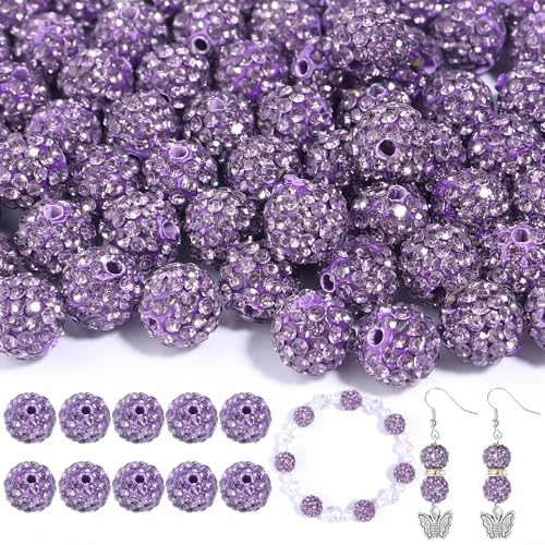 150 Stück 10 mm Strassperlen für Schmuckherstellung, glänzende runde Shamballa-Disco-Perlen, glitzernd, Strass, Tonperlen für selbstgemachte Halsketten, Armbänder, Ohrringe, Schmuckherstellung (lila) 150 Stück 10 mm Strassperlen für Schmuckherstellung, glänzende runde Shamballa-Disco-Perlen, glitzernd, Strass, Tonperlen für selbstgemachte Halsketten, Armbänder, Ohrringe, Schmuckherstellung (lila) von Yumttero