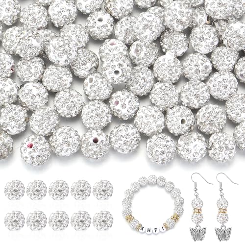 150 Stück 10 mm Strassperlen für Schmuckherstellung, glänzende runde Shamballa-Disco-Perlen, glitzernd, Strass, Tonperlen für selbstgemachte Halsketten, Armbänder, Ohrringe, Schmuckherstellung (weiß) 150 Stück 10 mm Strassperlen für Schmuckherstellung, glänzende runde Shamballa-Disco-Perlen, glitzernd, Strass, Tonperlen für selbstgemachte Halsketten, Armbänder, Ohrringe, Schmuckherstellung (weiß) von Yumttero