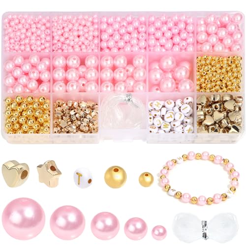 1572 PCS Glasperlen Hellrosa Künstliche Perlen Mit Rundem Loch, 4/6/8/10/12 mm Perlenset in Mehreren Größen für Kleidungsdekoration und Armbänder, Halsketten, Ohrringe, Schmuckherstellung von Yumttero