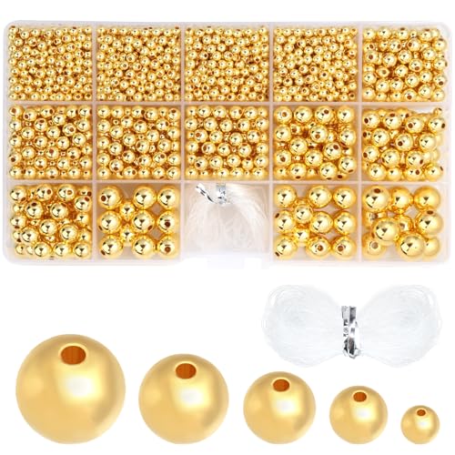 1890 Glasperlen Gold Künstliche Perlen Mit Rundem Loch, 4/6/8/10/12 mm Perlenset in Mehreren Größen für Kleidungsdekoration und Armbänder, Halsketten, Ohrringe, Schmuckherstellung von Yumttero