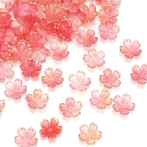 Kirschblüten-Acryl-Blumen-Perlen, glänzend, vergoldet, Abstandshalter, 5 Blüten-Farbverlauf, florale Perlen für Halsketten, Armbänder, Ohrringe, Schmuckherstellung, roter Farbverlauf, 120 Stück Kirschblüten-Acryl-Blumen-Perlen, glänzend, vergoldet, Abstandshalter, 5 Blüten-Farbverlauf, florale Perlen für Halsketten, Armbänder, Ohrringe, Schmuckherstellung, roter Farbverlauf, 120 Stück von Yumttero