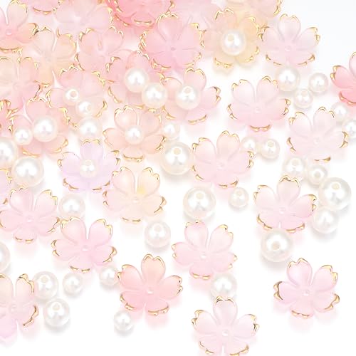 Kirschblüten-Acryl-Blumenperlen, 5-Petal vergoldete Farbverlaufs-Perlen mit 90 beigefarbenen Perlen in verschiedenen Größen, für Halsketten, Armbänder, Ohrringe, DIY-Schmuckherstellung, Rosa-Gelb von Yumttero