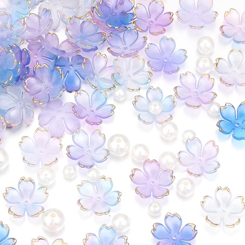 Kirschblüten-Acryl-Blumenperlen, 5-Petal vergoldete Farbverlaufs-Perlen mit 90 beigefarbenen Perlen in verschiedenen Größen, für Halsketten, Armbänder, Ohrringe, DIY-Schmuckherstellung von Yumttero
