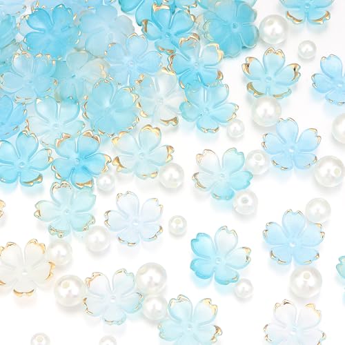 Kirschblüten-Acryl-Blumenperlen, 5-Petal vergoldete Farbverlaufs-Perlen mit 90 beigefarbenen Perlen in verschiedenen Größen, für Halsketten, Armbänder, Ohrringe, Schmuckherstellung, blauer Farbverlauf von Yumttero