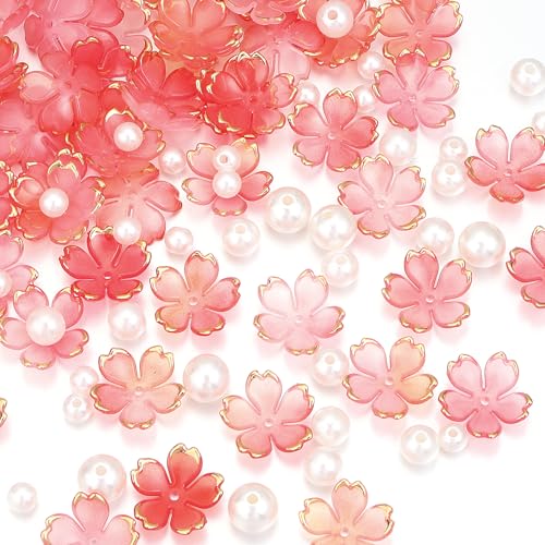 Kirschblüten-Acryl-Blumenperlen, 5-Petal vergoldete Farbverlaufs-Perlen mit 90 beigefarbenen Perlen in verschiedenen Größen, für Halsketten, Armbänder, Ohrringe, Schmuckherstellung, roter Farbverlauf von Yumttero