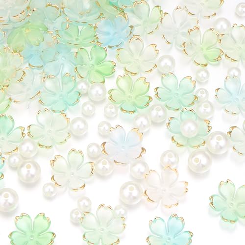 Kirschblüten-Acryl-Blumenperlen, 5-Petal vergoldete Farbverlaufs-Perlen mit 90 beigefarbenen Perlen in verschiedenen Größen, für Halsketten, Armbänder, Ohrringe, Schmuckherstellung von Yumttero