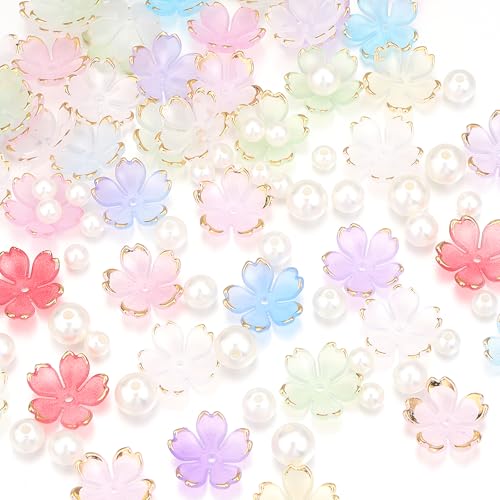Kirschblüten-Acrylblumen-Perlen, 5-Petal vergoldete Farbverlaufsperlen mit 90 beigefarbenen Perlen in verschiedenen Größen, für Halsketten, Armbänder, Ohrringe, Schmuckherstellung, gemischte Farben von Yumttero