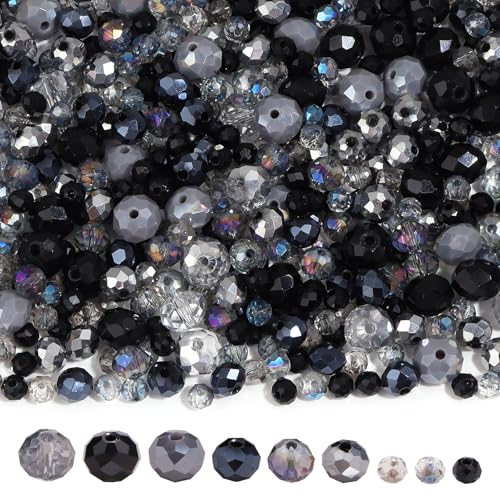 Yumttero 900 Stück 4/6/8 mm Facettierte Kristallperlen, Schwarz Glasperlen Set, Mit Fester Menge für jede Farbe, für DIY-Armbänder, Halsketten, Ohrringe, Handyketten, Schmuckherstellung von Yumttero