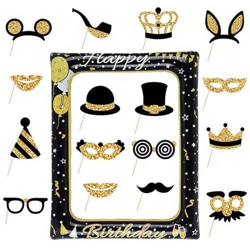 YunBey 16 Stück Foto Requisiten Geburtstag mit Aufblasbarer Bilderrahmen Geburtstag Schwarz Gold Wiederverwendbare Lustige Fotobox Accessoires für Geburtstagsfeiern von YunBey