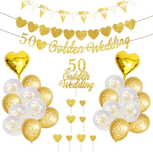 YunBey Goldene Hochzeit Deko, 50. Hochzeitstag Banner Goldene Hochzeit Luftballons und Tortendeko Goldene Hochzeit, 26 Stück Goldhochzeit Party Hintergrund Deko von YunBey