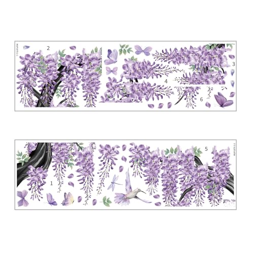 YunBey Lila Wisterie Wandaufkleber (mit Schmetterlings- und Kolibrimotiven) – Selbstklebende Blumensticker, Wanddekoration für Schlafzimmer, Kinderzimmer, Wohnzimmer von YunBey