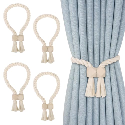 4 Stück Vorhang Raffhalter Einstellbar,Gardinen Halter mit Magneten Einfach zu Benutzen,Magnetischer Vorhangspanner,Natürliche Baumwolle,Gardinen Klammern für Zuhause und Büro,Beige von YunJoyous