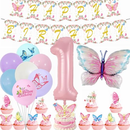 Yunchu Online 1. Geburtstagsdeko Mädche Rosa Luftballons Deko Kindergeburtstag Schmetterling Geburtstag Deko 1.Schmetterling Geburtstag Party Set für Mädchen Geburtstags Schmetterlinge Party Deko von Yunchu Online