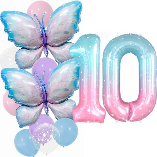 Yunchu Online 10. Geburtstag Dekoration Mädchen Gradient Schmetterling Ballons Deko 10 Jahre Schmetterling Geburtstag Party Set Große Schmetterling Folienballon für Schmetterling Party Supplies von Yunchu Online