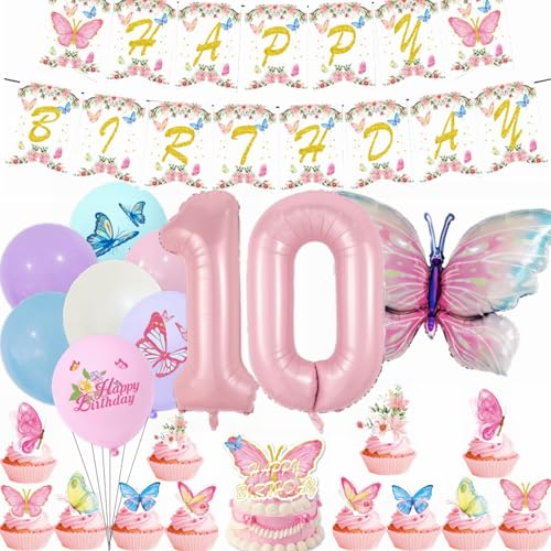 Yunchu Online 10. Geburtstagsdeko Mädche Rosa Luftballons Deko Kindergeburtstag Schmetterling Geburtstag Deko 10.Schmetterling Geburtstag Party Set für Mädchen Geburtstags Schmetterlinge Party Deko von Yunchu Online