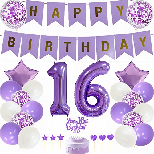 Yunchu Online 16. Geburtstag Dekoration Mädchen Lila - Tortendeko, White Party Deko, Geschenk für 16 Jahre - Ballon Set für Junge und Mädchen von Yunchu Online