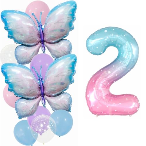 Yunchu Online 2. Geburtstag Dekoration Mädchen - Gradient Schmetterling Ballons Deko 2 Jahre Party Set - Große Folienballon für Party Supplies von Yunchu Online