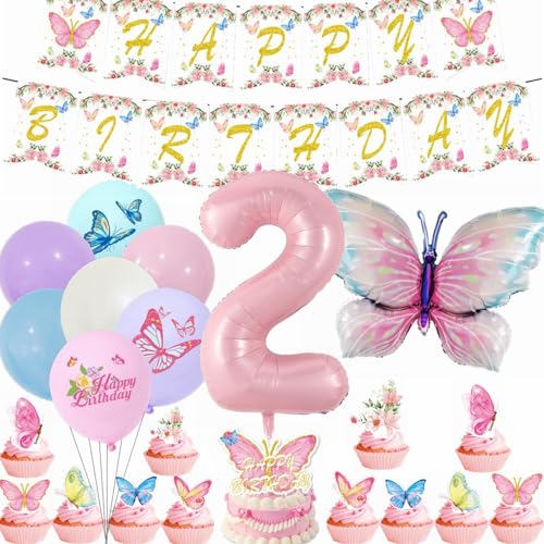Yunchu Online 2. Geburtstagsdeko Mädche Rosa Luftballons Deko Kindergeburtstag Schmetterling Geburtstag Deko 2.Schmetterling Geburtstag Party Set für Mädchen Geburtstags Schmetterlinge Party Deko von Yunchu Online