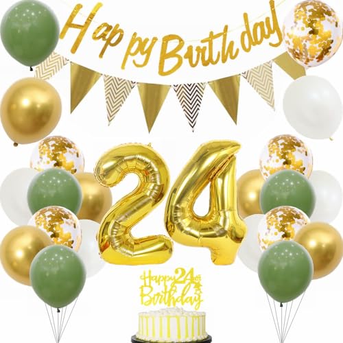 Yunchu Online 24. Geburtstag Deko für Frauen Männer - Sage Grün Weiß Gold Ballons, Tortendeko - Party Dekoration Set Yunchu Online 24. Geburtstag Deko für Frauen Männer - Sage Grün Weiß Gold Ballons, Tortendeko - Party Dekoration Set von Yunchu Online