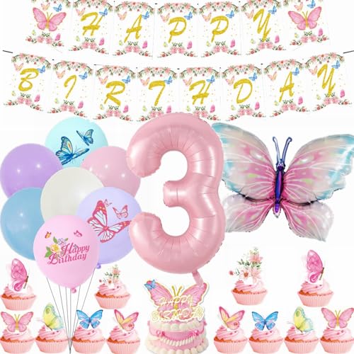 Yunchu Online 3. Geburtstagsdeko Mädche Rosa Luftballons Deko Kindergeburtstag Schmetterling Geburtstag Deko 3.Schmetterling Geburtstag Party Set für Mädchen Geburtstags Schmetterlinge Party Deko von Yunchu Online