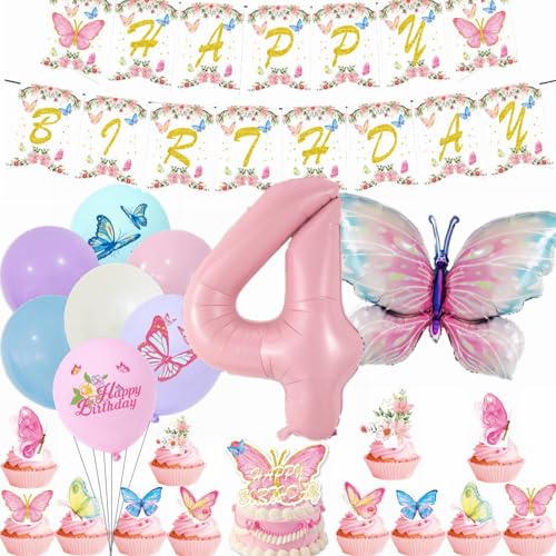 Yunchu Online 4. Geburtstagsdeko Mädche Rosa Luftballons Deko Kindergeburtstag Schmetterling Geburtstag Deko 4.Schmetterling Geburtstag Party Set für Mädchen Geburtstags Schmetterlinge Party Deko von Yunchu Online
