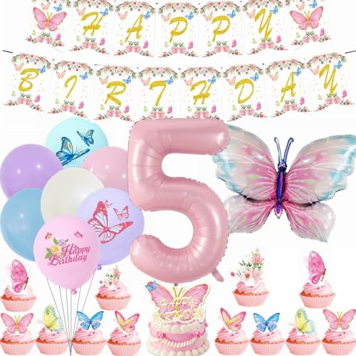 Yunchu Online 5. Geburtstagsdeko Mädche Rosa Luftballons Deko Kindergeburtstag Schmetterling Geburtstag Deko 5.Schmetterling Geburtstag Party Set für Mädchen Geburtstags Schmetterlinge Party Deko von Yunchu Online