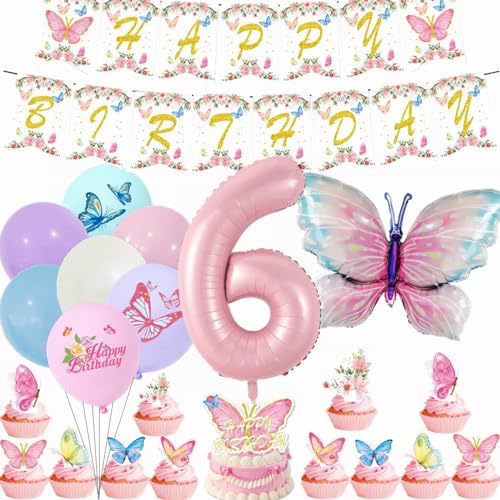 Yunchu Online 6. Geburtstagsdeko Mädche Rosa Luftballons Deko Kindergeburtstag Schmetterling Geburtstag Deko 6.Schmetterling Geburtstag Party Set für Mädchen Geburtstags Schmetterlinge Party Deko von Yunchu Online