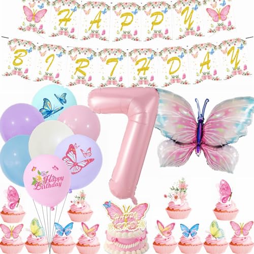 Yunchu Online 7. Geburtstagsdeko Mädche Rosa Luftballons Deko Kindergeburtstag Schmetterling Geburtstag Deko 7.Schmetterling Geburtstag Party Set für Mädchen Geburtstags Schmetterlinge Party Deko von Yunchu Online