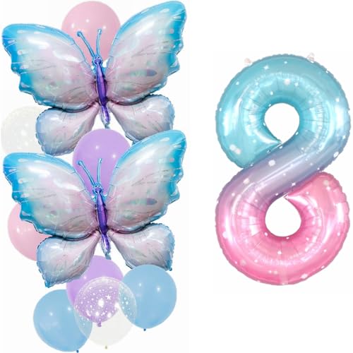 Yunchu Online 8. Geburtstag Dekoration Mädchen - Gradient Schmetterling Ballons Deko 8 Jahre Party Set - Große Folienballon für Schmetterling Party Supplies von Yunchu Online
