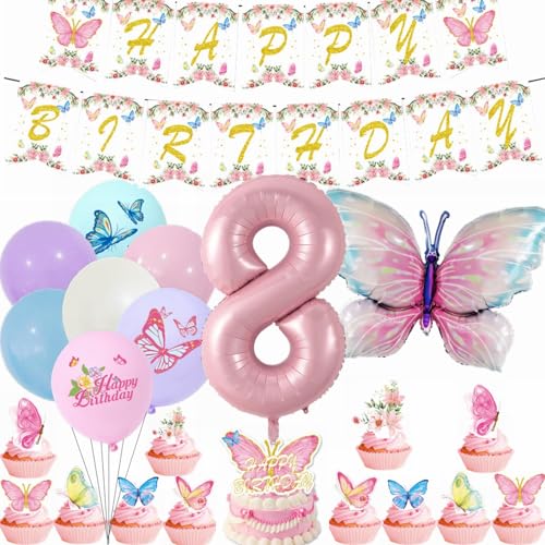 Yunchu Online 8. Geburtstagsdeko Mädche Rosa Luftballons Deko Kindergeburtstag Schmetterling Geburtstag Deko 8.Schmetterling Geburtstag Party Set für Mädchen Geburtstags Schmetterlinge Party Deko von Yunchu Online