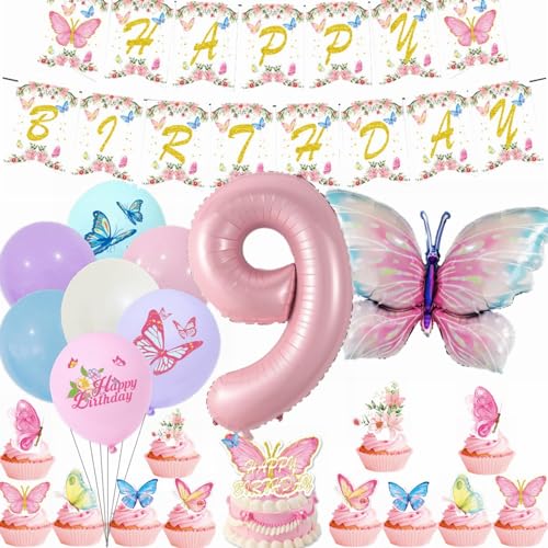 Yunchu Online 9. Geburtstagsdeko Mädche Rosa Luftballons Deko Kindergeburtstag Schmetterling Geburtstag Deko 9.Schmetterling Geburtstag Party Set für Mädchen Geburtstags Schmetterlinge Party Deko von Yunchu Online