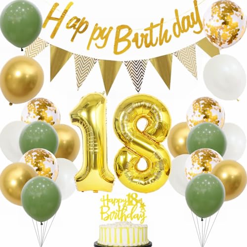 Yunchu Online 18. Geburtstag Deko für Junge Mädchen - Sage Grün Weiß Gold Party Ballons, Tortendeko - Dekoration für 18 Jahre Feier von Yunchu Online