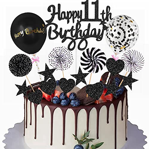 Yunchu Online Happy 11th Birthday Tortendeko Schwarz Tortendeko 11 Geburtstag Deko Kuchen Topper 11 jahre Junge Mädchen Kuchendeko 11. Geburtstag Schwarz Tortendeko für 11. Geburtstag Cupcake Toppers von Yunchu Online