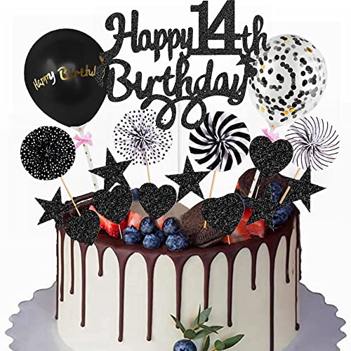 Yunchu Online Happy 14th Birthday Tortendeko Schwarz Tortendeko 14 Geburtstag Deko Kuchen Topper 14 jahre Junge Mädchen Kuchendeko 14. Geburtstag Schwarz Tortendeko für 14. Geburtstag Cupcake Toppers von Yunchu Online