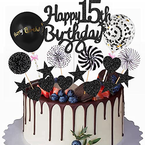 Yunchu Online Happy 15th Birthday Tortendeko Schwarz Tortendeko 15 Geburtstag Deko Kuchen Topper 15 jahre Junge Mädchen Kuchendeko 15. Geburtstag Schwarz Tortendeko für 15. Geburtstag Cupcake Toppers von Yunchu Online