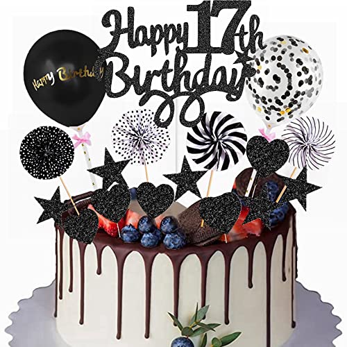 Yunchu Online Happy 17th Birthday Tortendeko Schwarz Tortendeko 17 Geburtstag Deko Kuchen Topper 17 jahre Junge Mädchen Kuchendeko 17. Geburtstag Schwarz Tortendeko für 17. Geburtstag Cupcake Toppers von Yunchu Online