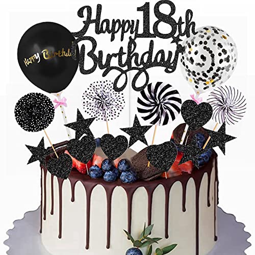 Yunchu Online Happy 18th Birthday Tortendeko Schwarz Tortendeko 18 Geburtstag Deko Kuchen Topper 18 jahre Junge Mädchen Kuchendeko 18. Geburtstag Schwarz Tortendeko für 18. Geburtstag Cupcake Toppers von Yunchu Online