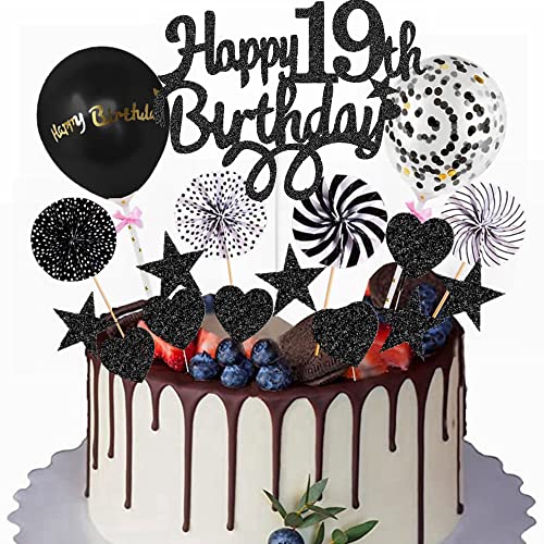 Yunchu Online Happy 19th Birthday Tortendeko Schwarz Tortendeko 19 Geburtstag Deko Kuchen Topper 19 jahre Junge Mädchen Kuchendeko 19. Geburtstag Schwarz Tortendeko für 19. Geburtstag Cupcake Toppers von Yunchu Online