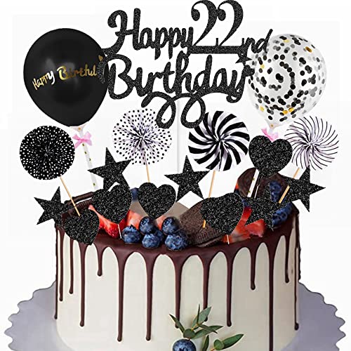 Yunchu Online Happy 22th Birthday Tortendeko Schwarz Tortendeko 22 Geburtstag Deko Kuchen Topper 22 jahre Mann Frau Kuchendeko 22. Geburtstag Schwarz Tortendeko für 22. Geburtstag Cupcake Toppers von Yunchu Online