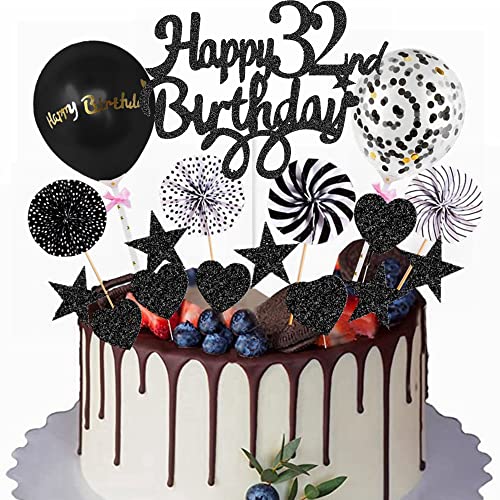 Yunchu Online Happy 32th Birthday Tortendeko Schwarz Tortendeko 32 Geburtstag Deko Kuchen Topper 32 jahre Mann Frau Kuchendeko 32. Geburtstag Schwarz Tortendeko für 32. Geburtstag Cupcake Toppers von Yunchu Online