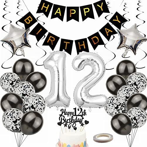 Yunchu Online Luftballon 12. Geburtstag Dekoration 12 Jahr Junge Mädchen Black and Silber Party Deko 12. Geburtstag Junge Party Deko 12 Geburtstag Mädchen Deko Geschenk 12 jahre Geburtstag deko Ballon von Yunchu Online