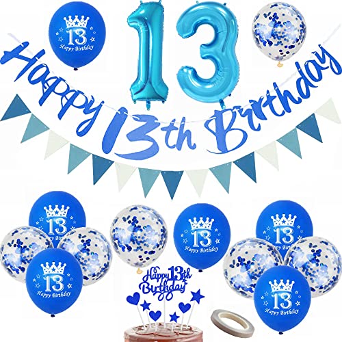 Yunchu Online Luftballon 13. Geburtstag Dekoration Junge Mädchen Blau Party Deko Tortendeko Geburtstag Banner Wimpelkette 13 Geburtstag Junge Deko Geschenk 13 jahre Geburtstag Deko Ballon von Yunchu Online