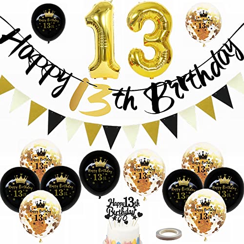 Yunchu Online Luftballon 13. Geburtstag Dekoration Junge Mädchen Schwarz Gold Party Deko Tortendeko Geburtstag Banner Wimpelkette 13 Geburtstag Junge Deko Geschenk 13 jahre Geburtstag Deko Ballon von Yunchu Online