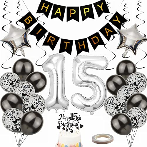 Yunchu Online Luftballon 15. Geburtstag Dekoration 15 Jahr Junge Mädchen Black and Silber Party Deko 15. Geburtstag Junge Party Deko 15 Geburtstag Mädchen Deko Geschenk 15 jahre Geburtstag deko Ballon von Yunchu Online