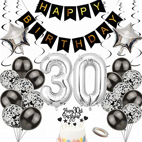 Yunchu Online Luftballon 30. Geburtstag Dekoration 30 Jahr Männer Frauen Black and Silber Party Deko 30. Geburtstag Männer Party Deko 30 Geburtstag Männer Deko Geschenk 30 jahre Geburtstag deko Ballon von Yunchu Online