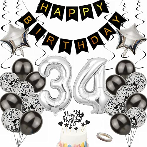 Yunchu Online Luftballon 34. Geburtstag Dekoration 34 Jahr Männer Frauen Black and Silber Party Deko 34. Geburtstag Männer Party Deko 34 Geburtstag Männer Deko Geschenk 34 jahre Geburtstag deko Ballon von Yunchu Online