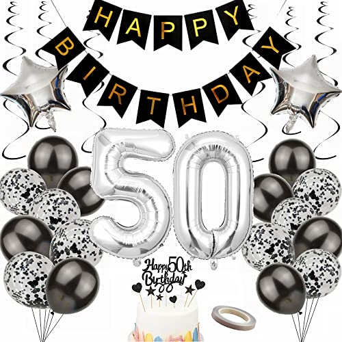 Yunchu Online Luftballon 50. Geburtstag Dekoration 50 Jahr Männer Frauen Black and Silber Party Deko 50. Geburtstag Männer Party Deko 50 Geburtstag Männer Deko Geschenk 50 jahre Geburtstag deko Ballon von Yunchu Online