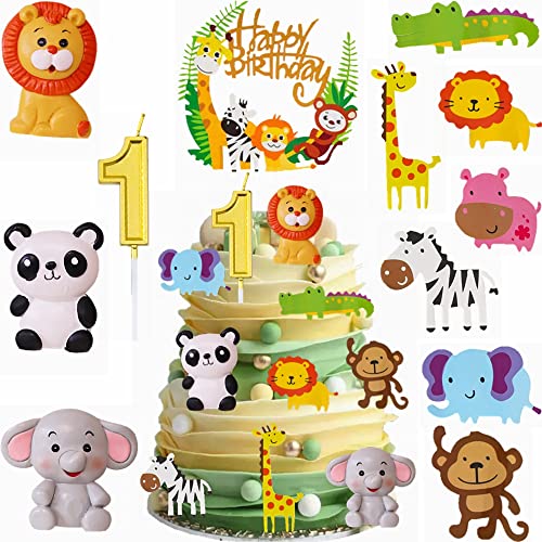 Yunchu Online Tortendeko 1. Geburtstag für Baby Kinder Mädchen Safaritiere Kuchendekoration Waldtiere Figuren Happy Birthday Kuchendeko Tiere Geburtstag Deko Kuchen Topper für 1 Jahr Junge Mädchen von Yunchu Online