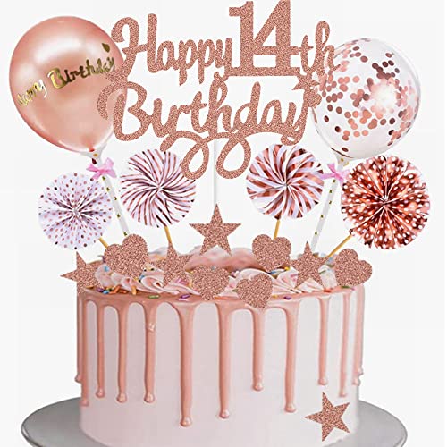 Yunchu Online Tortendeko 14. Geburtstag Mädchen Happy 14th Birthday Cake Topper Roségold Kuchen Topper 14 jahre Mädchen Kuchendeko 14. Geburtstag Tortendeko für 14. Geburtstag Cupcake Toppers von Yunchu Online